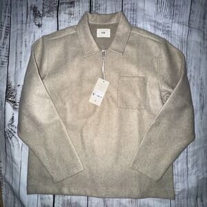 Folk Quarter Zip Pullover Men's Large Stone Long Sleeve High Neck Chest Pocket